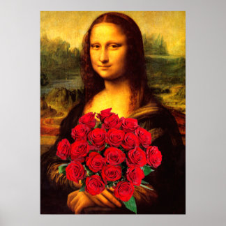 Poster Mona Lisa Com Buquê De Rosa vermelha