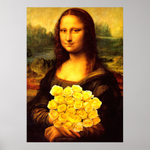 Pôster Mona Lisa Com Buquê De Rosas Amarelas