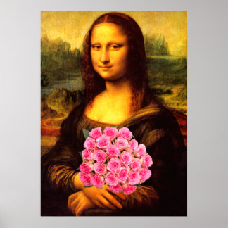 Poster Mona Lisa Com Buquê De Rosas Rosa