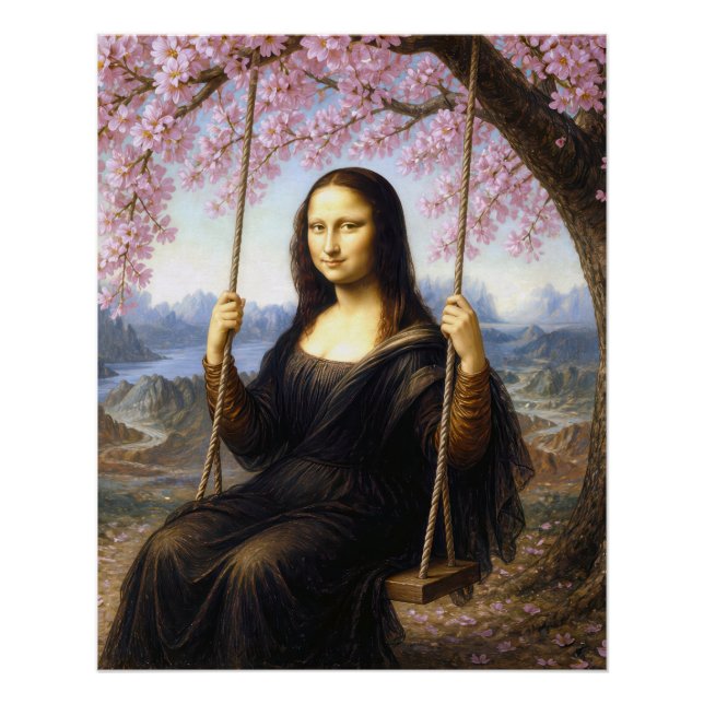 Pôster Mona Lisa num Balanço sob Flores de Cerejeira (Frente)