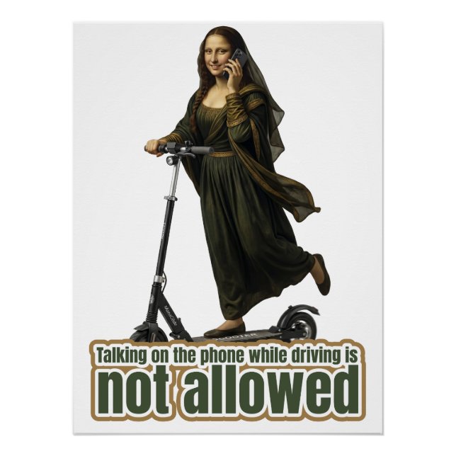 Pôster Mona Lisa on the phone  riding a kick scooter (Frente)