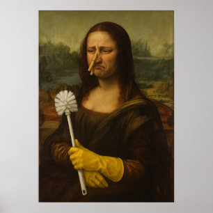 Poster Mona Lisa Segurando Escova de Vaso Sanitário