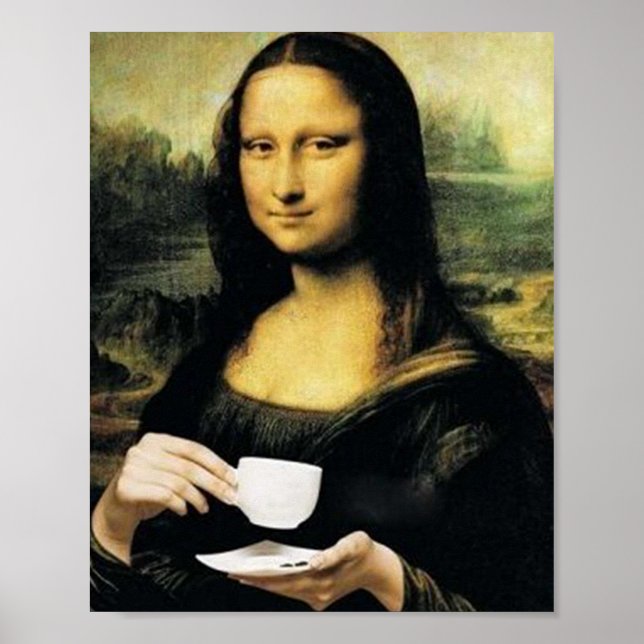 Poster Mona Lisa segurando uma xícara de chá Leonardo da  (Frente)