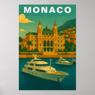 Poster Mônaco Vintage Porto e Iate Mediterrâneo
