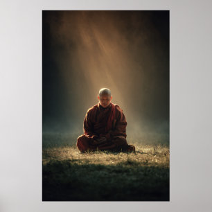 Poster Monge Meditando Raios de Luz Dourada Manhã Nebulos