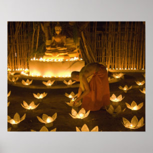 Poster Monges acendendo velas e lanternas de khom