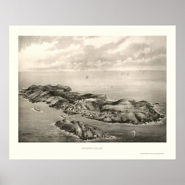 Pôster Monhegan, EU Panorâmica Map - 1896 (Frente)
