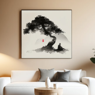 Pôster Monk & Pine - Zen Ink Wall Art - Minimal Decor