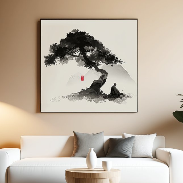 Pôster Monk & Pine - Zen Ink Wall Art - Minimal Decor (Criador carregado)