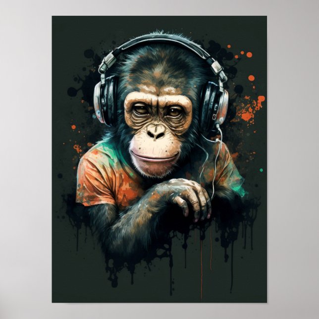 Poster Monkey Chimp DJ with headphones , music lover. (Frente)