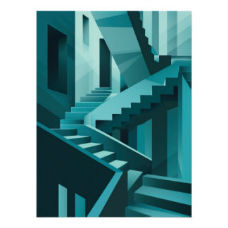 Pôster Monochromatic Turquoise Isometric Staircase Maze