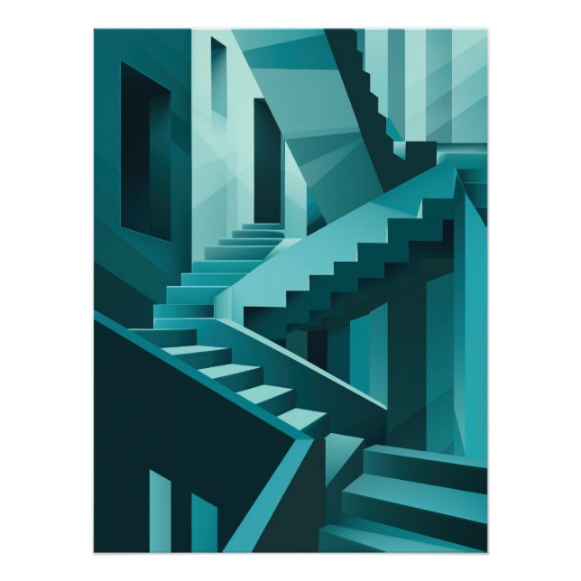 Pôster Monochromatic Turquoise Isometric Staircase Maze (Frente)