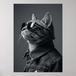 Poster Monochrome Cool Cat in Denim Jacket Portrait