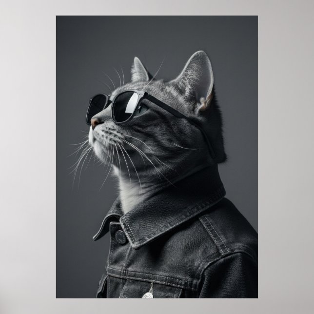 Poster Monochrome Cool Cat in Denim Jacket Portrait (Frente)