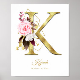 Poster Monogram Letter K Gold Foil & Pink Floral Nursery
