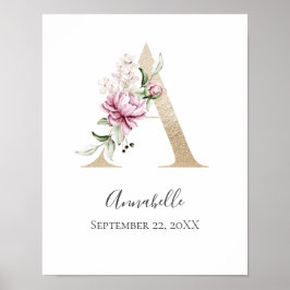 Poster Monograma A Rosa Floral Branco Letra Dourada Berçá