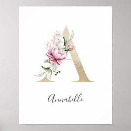 Poster Monograma A Rosa Floral Branco Letra Dourada Berçá