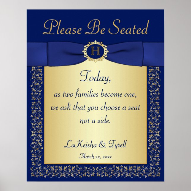 Poster Monograma Azul, Dourado Sinal Floral de Casamento  (Frente)