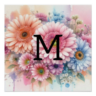 Pôster Monograma com aquarela, cor-de-rosa, gerbera daisi