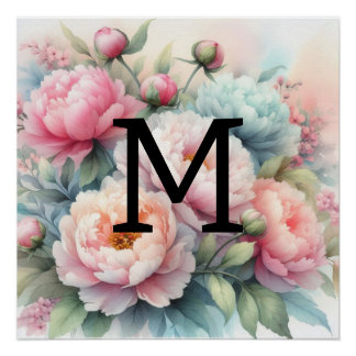 Pôster Monograma com aquarela floral, cor-de-rosa, párias
