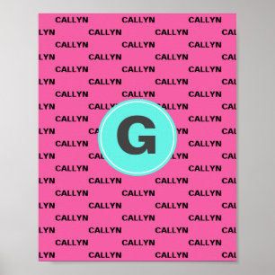 Poster Monograma com padrão de nome rosa quente