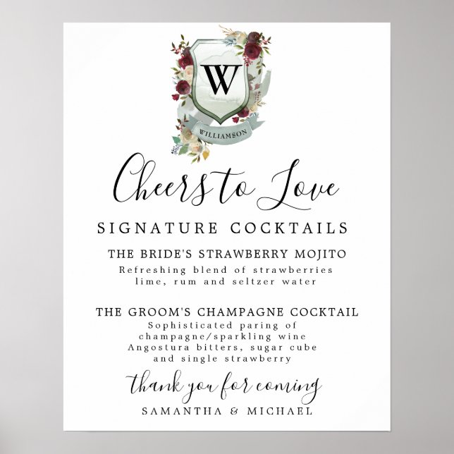 Poster Monograma Crest Cocktail Sinal Bar de Casamento (Frente)