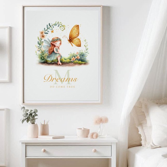 Pôster Monograma da Borboleta de Jardim Encantada Princes (enchanted garden fairy princess garden butterfly nursery kids decor personalized monogram inspiring)