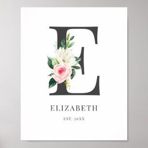 Poster Monograma da Letra E Aquarela Flores