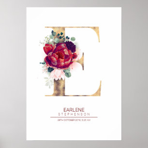 Poster Monograma da Letra E Floral Vermelho Borgonha e Do