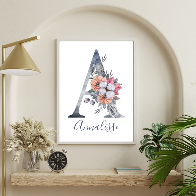 Poster Monograma de A de Floral Azul em Aquarela Nome  (Monogram A Blue Floral Watercolor Wall Art for Nursery or Girls Room )