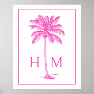 Poster Monograma de árvore de palmeira rosa e branca