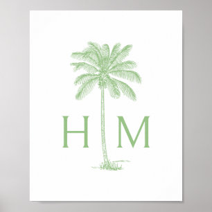 Poster Monograma de árvore de palmeira verde e branca