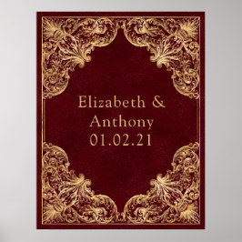 Poster Monograma de Borgonha e Vintagem Dourada