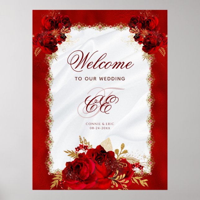 Poster Monograma de Casamento Floral Dourado Vermelho Ele (Frente)