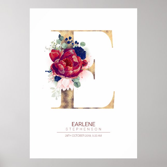 Poster Monograma de Floral da Letra E Azul Marinho e Borg (Frente)