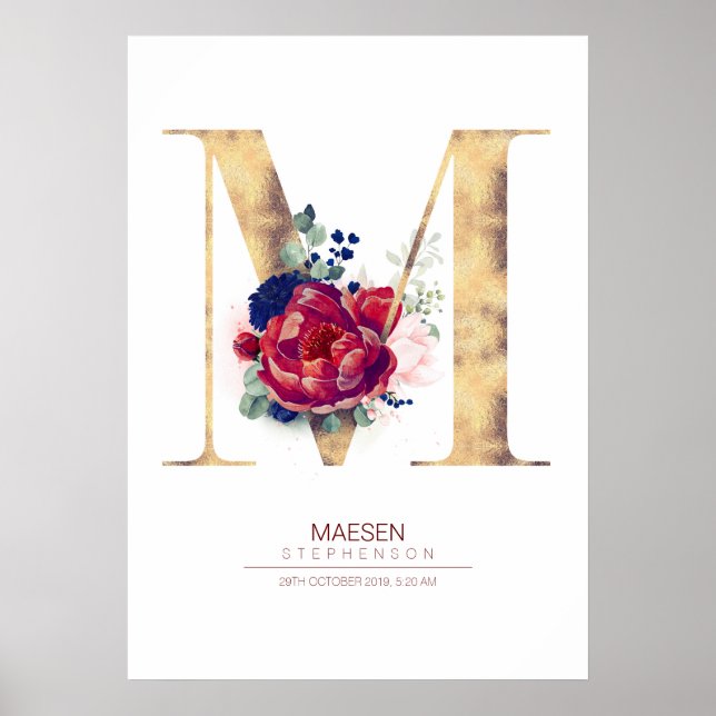 Poster Monograma de Floral de Letra M Azul Marinho e Borg (Frente)