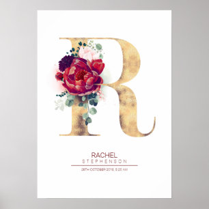 Poster Monograma de Floral de Letra R Vermelho Borgonha e