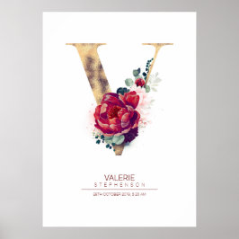 Poster Monograma de Floral Vermelho Borgonha e Dourado da