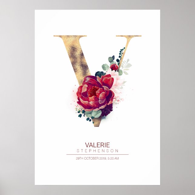 Poster Monograma de Floral Vermelho Borgonha e Dourado da (Frente)
