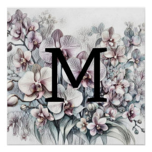 Pôster Monograma de flores de orquídeas cor-de-rosa