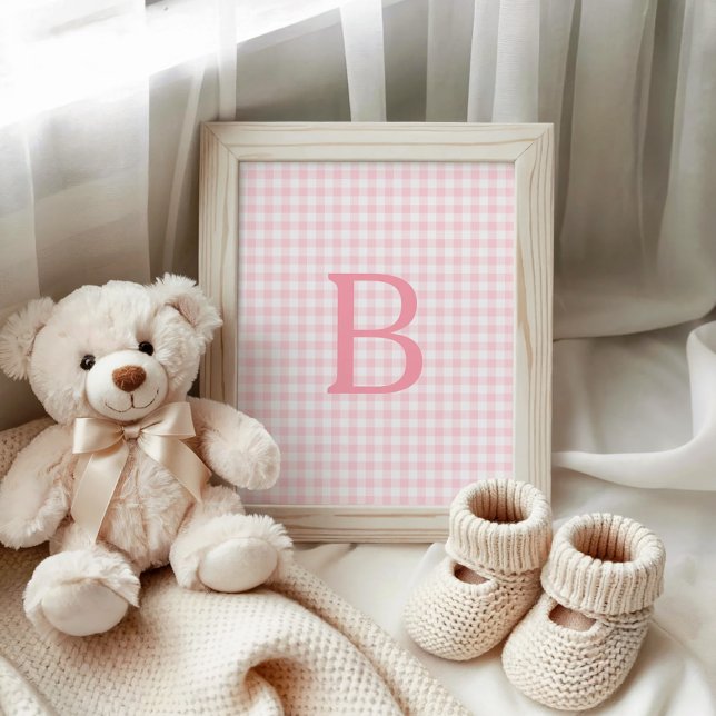 Poster Monograma de Gingham Branco e Rosa Pastel (Pastel Pink and White Gingham Monogram Poster)