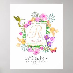 Poster Monograma de Jardim Floral Branco
