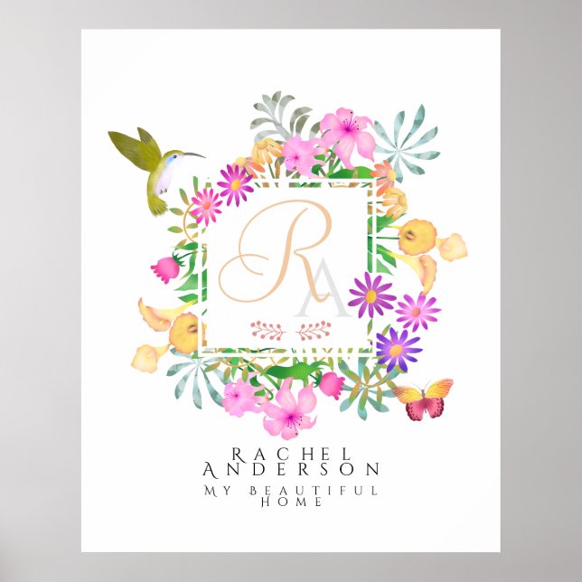 Poster Monograma de Jardim Floral Branco (Frente)