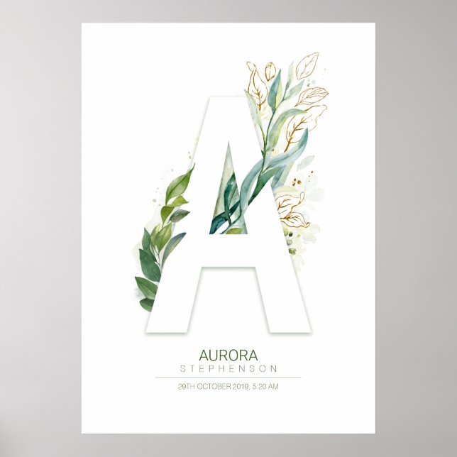 Poster Monograma de Letra A Dourado Folhagem Chic (Frente)