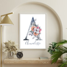 Monograma de letra A em aquarela floral azul