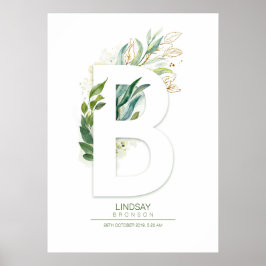 Poster Monograma de letra B dourado Foliagem Chic
