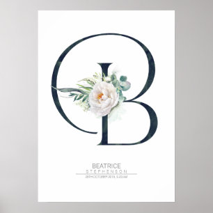 Poster Monograma de Letra B Flores Brancas e Folhagem
