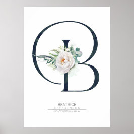 Poster Monograma de Letra B Flores Brancas e Folhagens