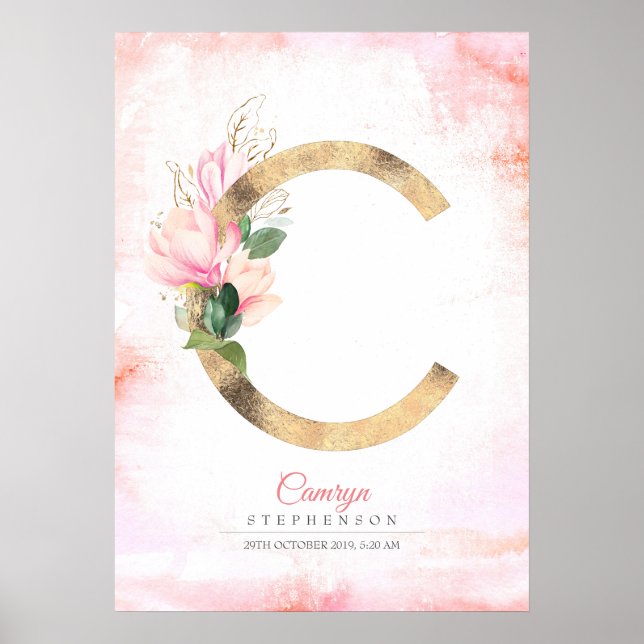 Poster Monograma de letra C dourado com folhas de magnóli (Frente)