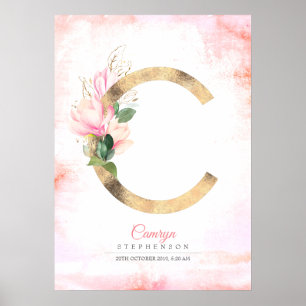 Poster Monograma de letra C dourado com folhas de magnóli